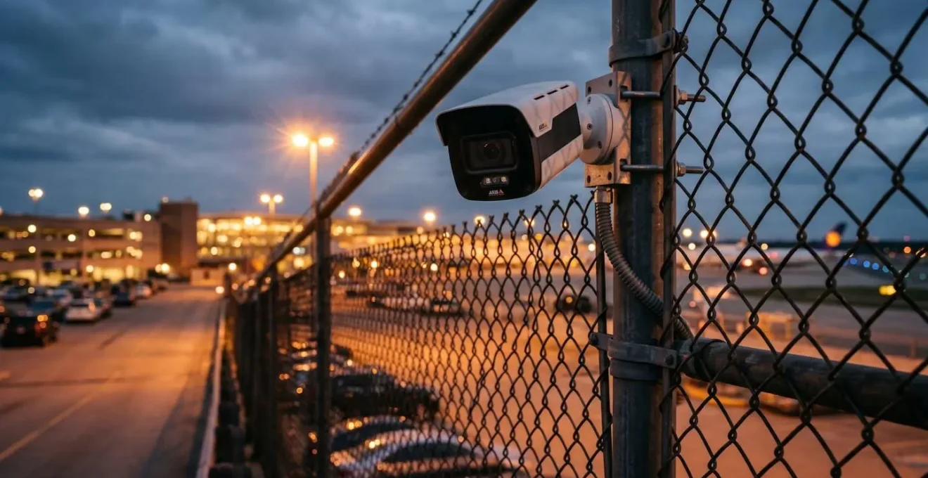 Caméra de surveillance moderne intégrée dans la clôture métallique d'un parking aéroportuaire, éclairage nocturne, ambiance sécurisée et discrète