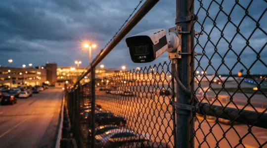 Caméra de surveillance moderne intégrée dans la clôture métallique d'un parking aéroportuaire, éclairage nocturne, ambiance sécurisée et discrète
