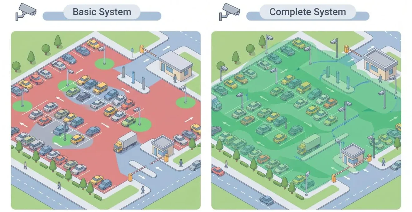 Illustration isométrique d'un parking aéroportuaire avec zones de couverture vidéosurveillance en vert (complet) et en rouge (zones mortes), comparaison système basique vs système complet