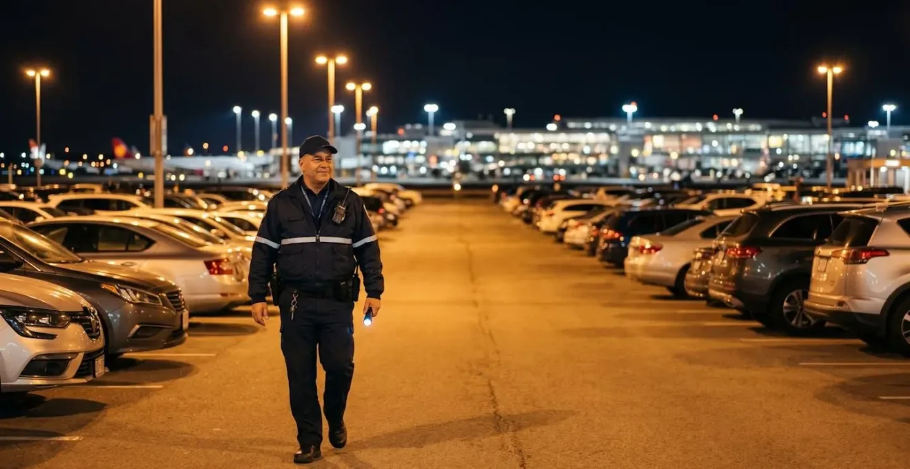 Agent de sécurité effectuant une ronde nocturne dans un parking aéroportuaire, éclairage doux, ambiance calme et rassurante, ton cinématographique