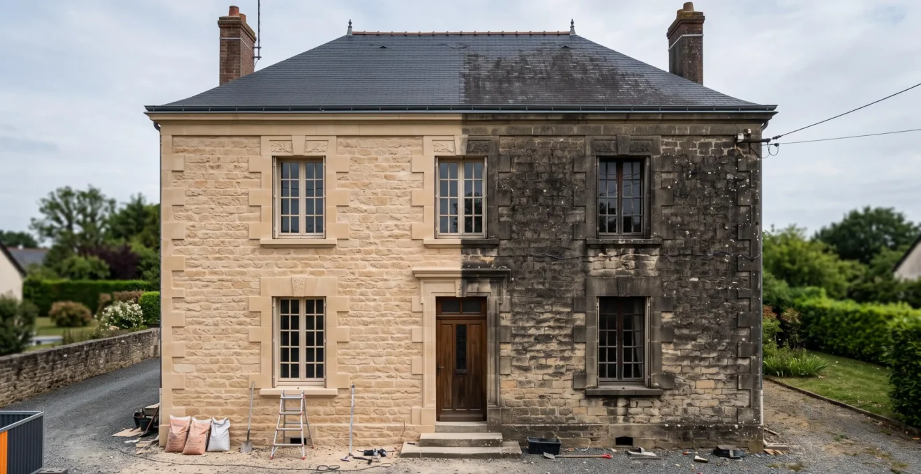 Façade de maison angevine en pierre calcaire montrant contraste entre moitié gauche décapée retrouvant teinte claire d'origine et moitié droite encore noircie par pollution atmosphérique