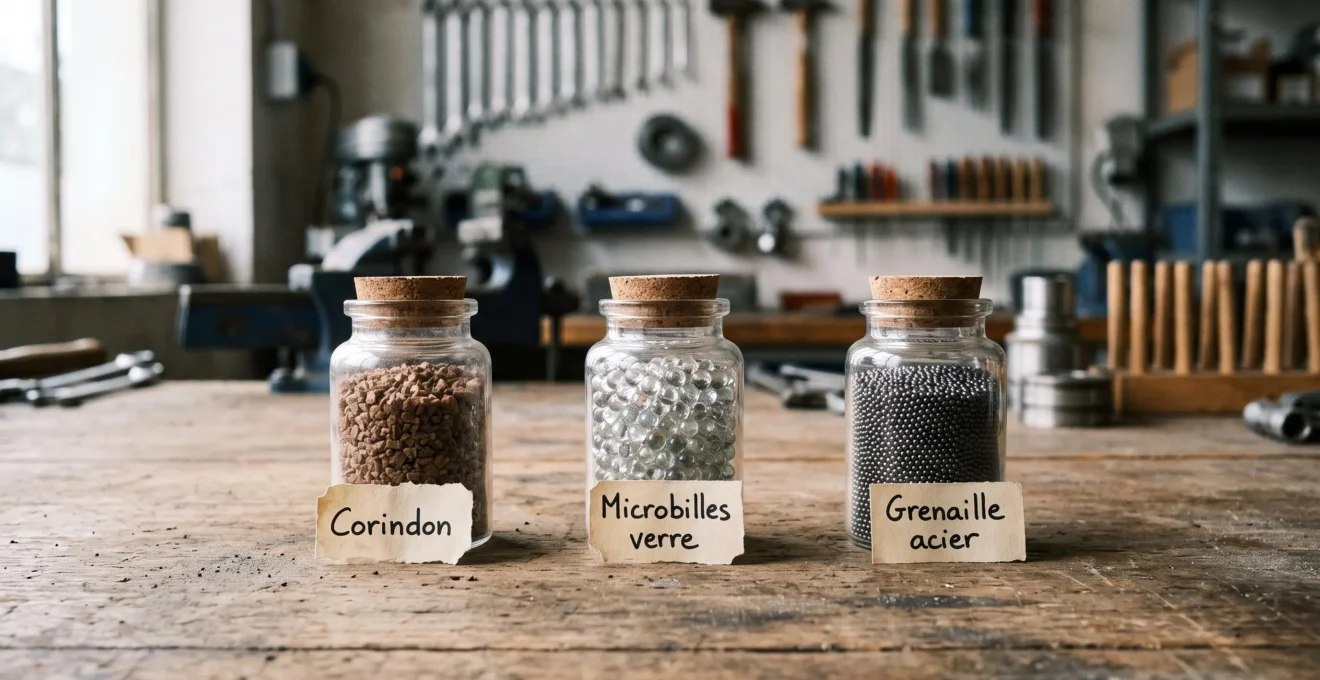 Trois récipients transparents contenant différents types d'abrasifs de sablage (corindon anguleux, microbilles de verre, grenaille métallique) alignés sur un plan de travail d'atelier avec étiquettes en français