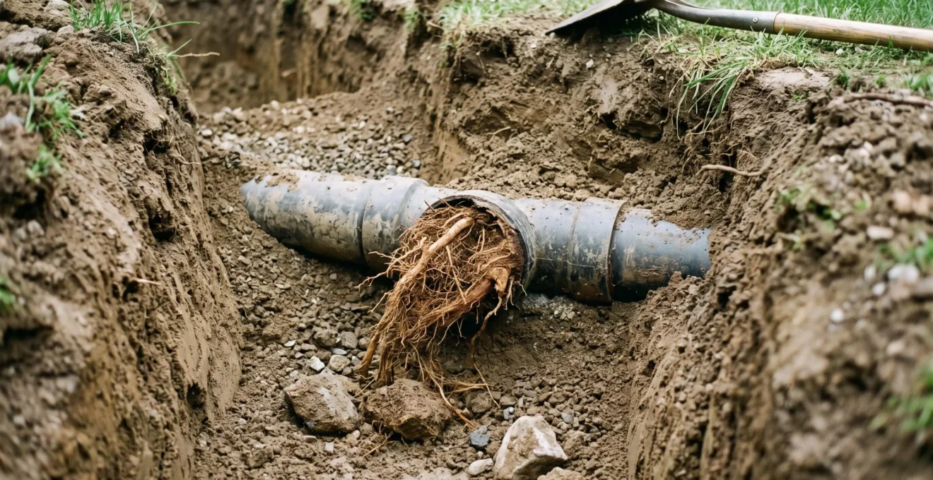 Canalisation d'égout résidentielle exposée montrant une intrusion de racines d'arbre ayant pénétré dans le tuyau