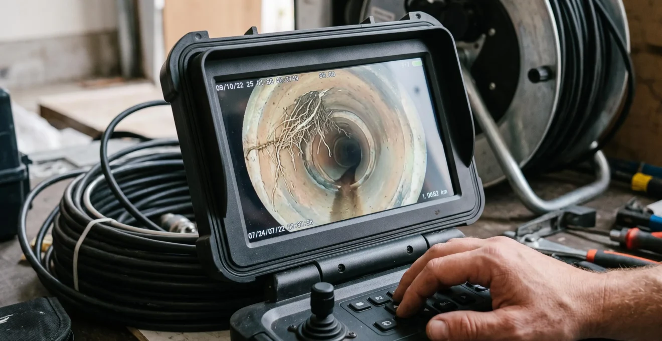 Écran d'un système d'inspection par caméra montrant l'intérieur d'une canalisation avec un problème structurel visible