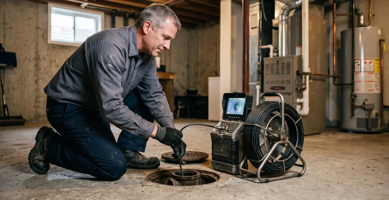 Plombier professionnel utilisant un système de caméra d'inspection dans une canalisation d'égout au sous-sol d'une résidence