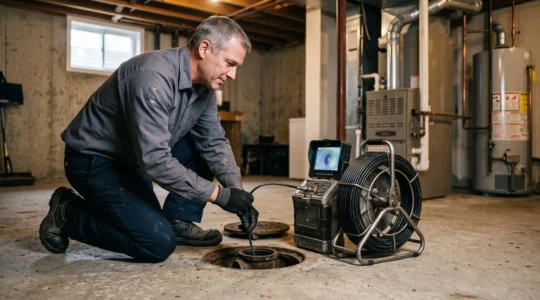 Plombier professionnel utilisant un système de caméra d'inspection dans une canalisation d'égout au sous-sol d'une résidence