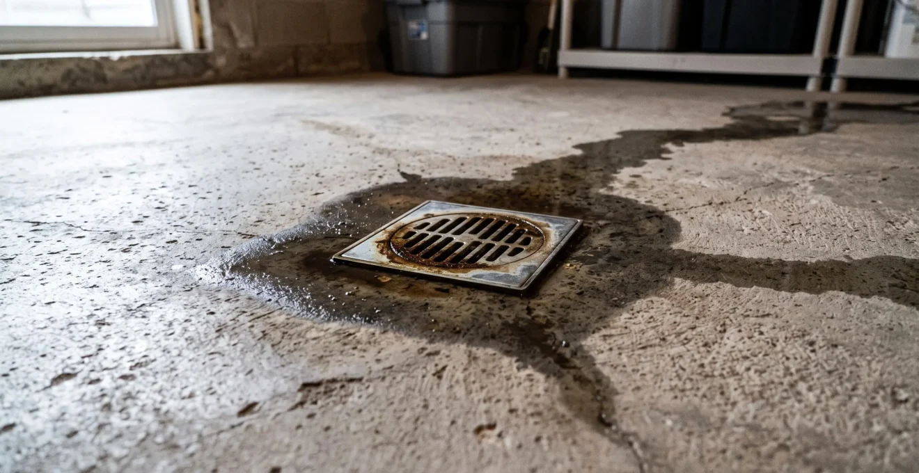 Traces de refoulement d'égout sur le plancher de béton d'un sous-sol résidentiel près d'un drain de sol