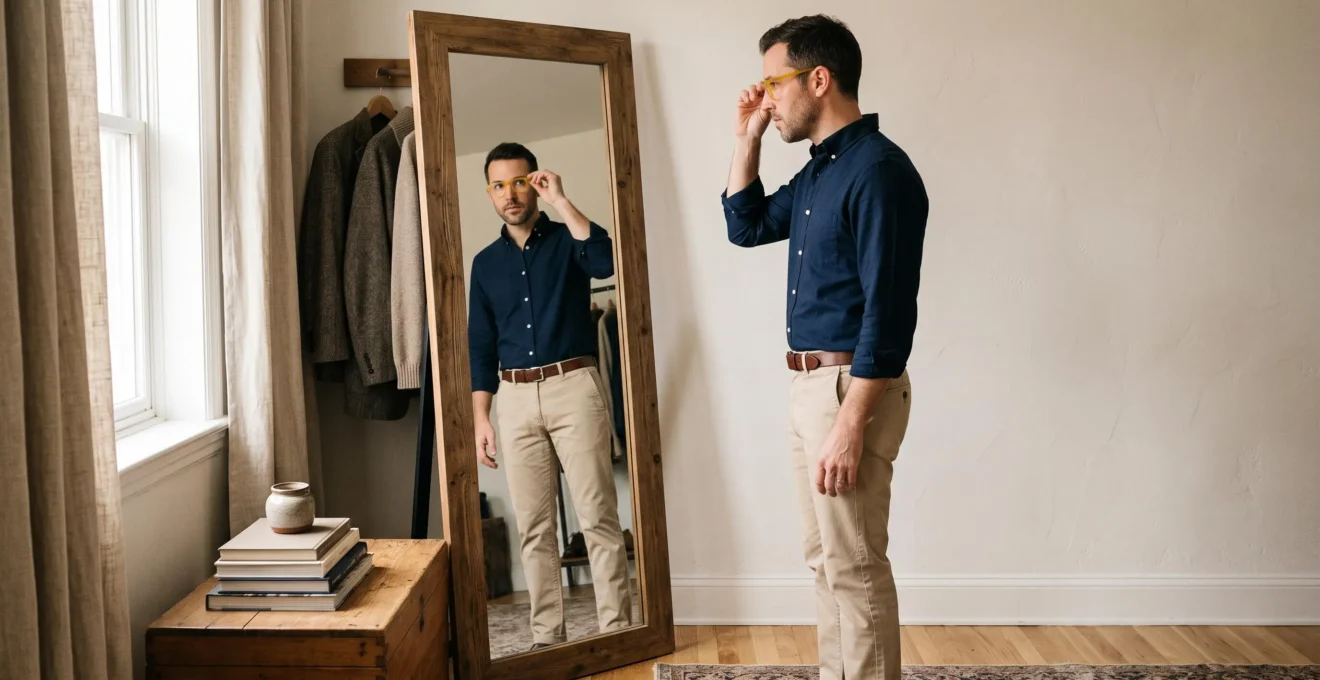Un homme ajuste ses lunettes jaunes devant un miroir en s'habillant pour travailler.