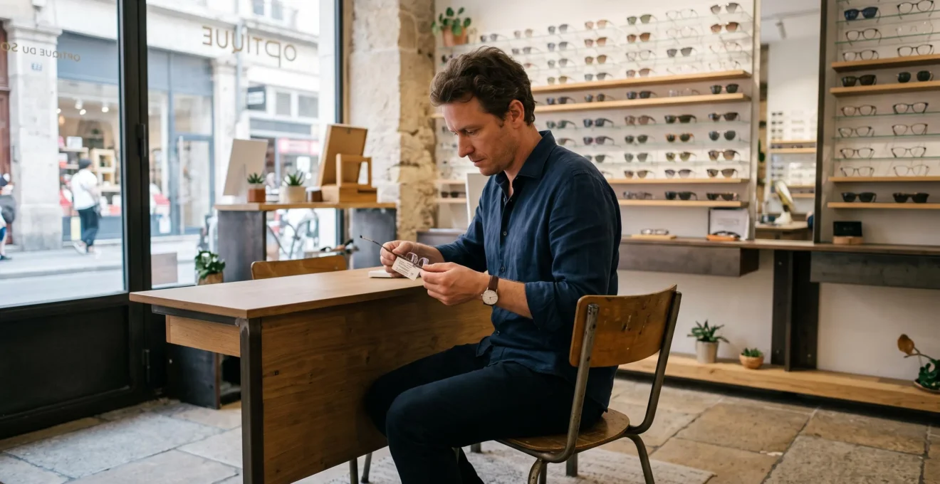 Un client examine le prix d'une monture rectangle en boutique d'optique.