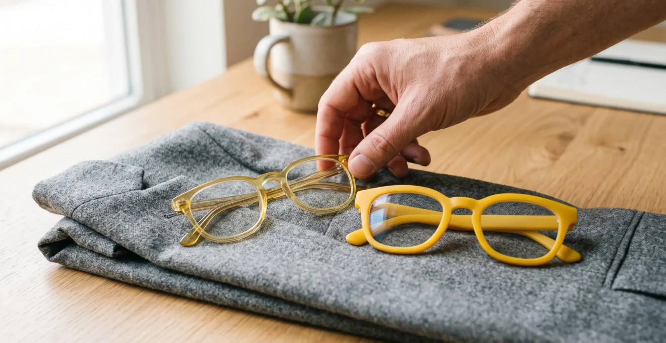 Deux paires de lunettes jaunes aux intensités différentes posées sur un bureau en bois.