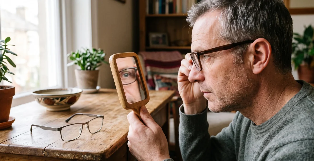 Un homme compare deux montures rectangle devant un petit miroir à la maison.