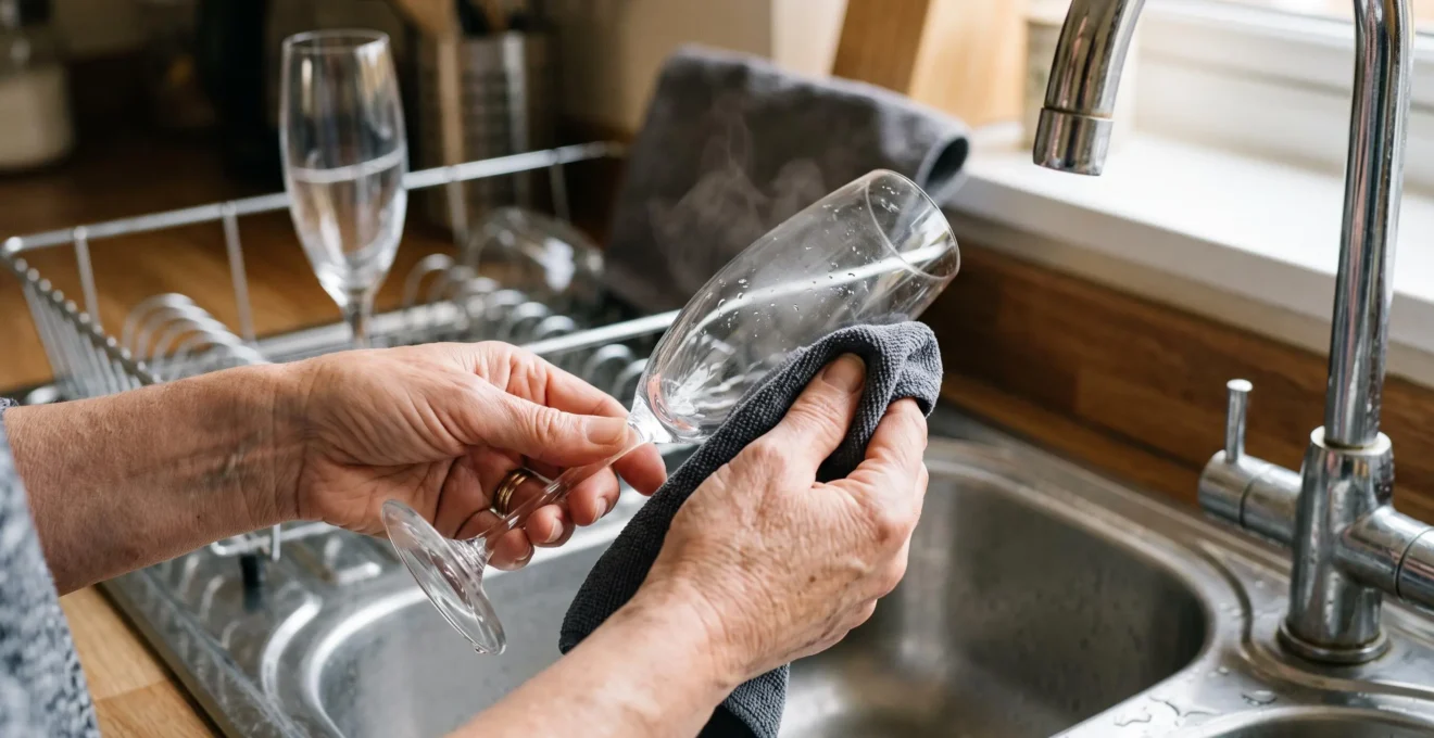 Des mains essuient un verre à champagne en cristal avec un chiffon microfibre.