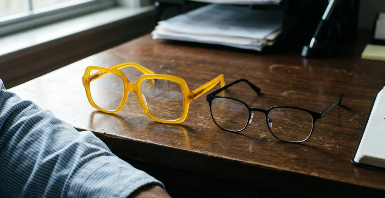 Une paire de lunettes jaunes flashy posée à côté d'un modèle discret sur un bureau.