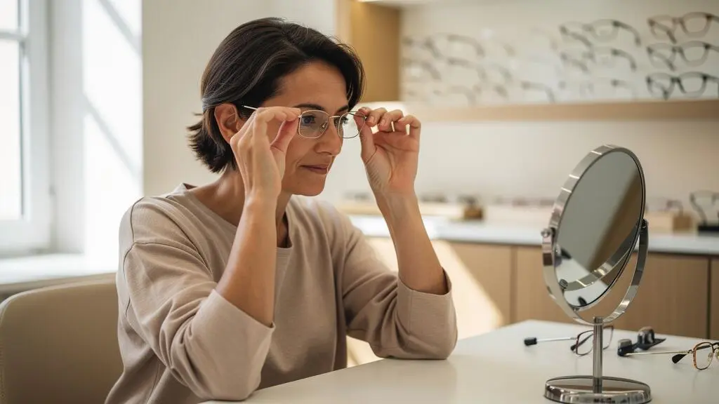 Une femme ajuste une fine monture en métal devant un miroir chez un opticien.