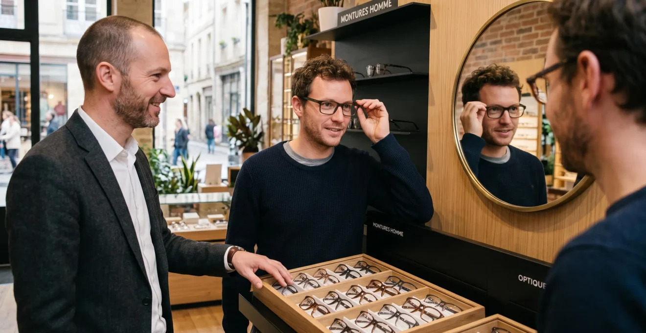 Un homme essaie une monture rectangle devant un miroir chez un opticien.