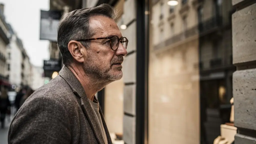 Un homme portant des lunettes rondes en acétate regarde une vitrine en ville.