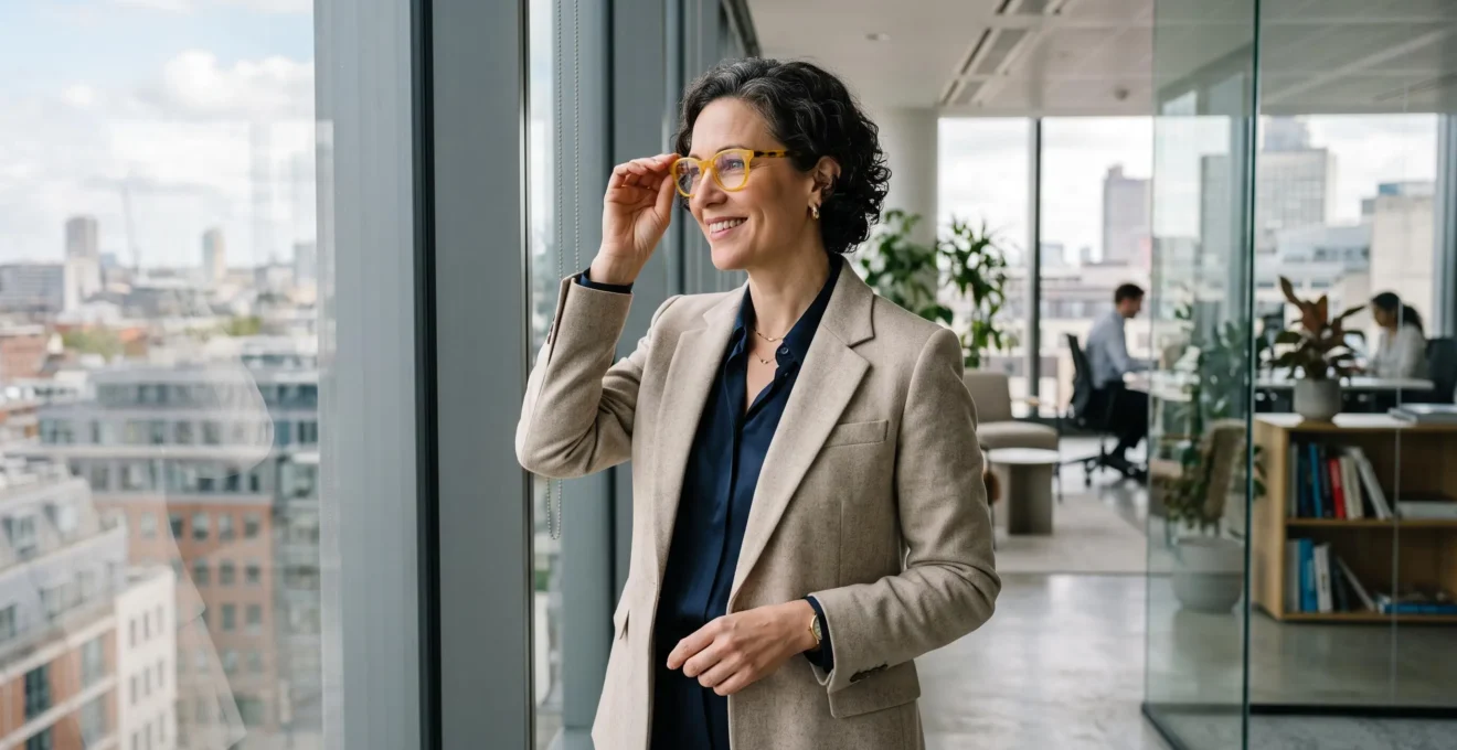 Une femme porte des lunettes à monture jaune dans un bureau lumineux et moderne.