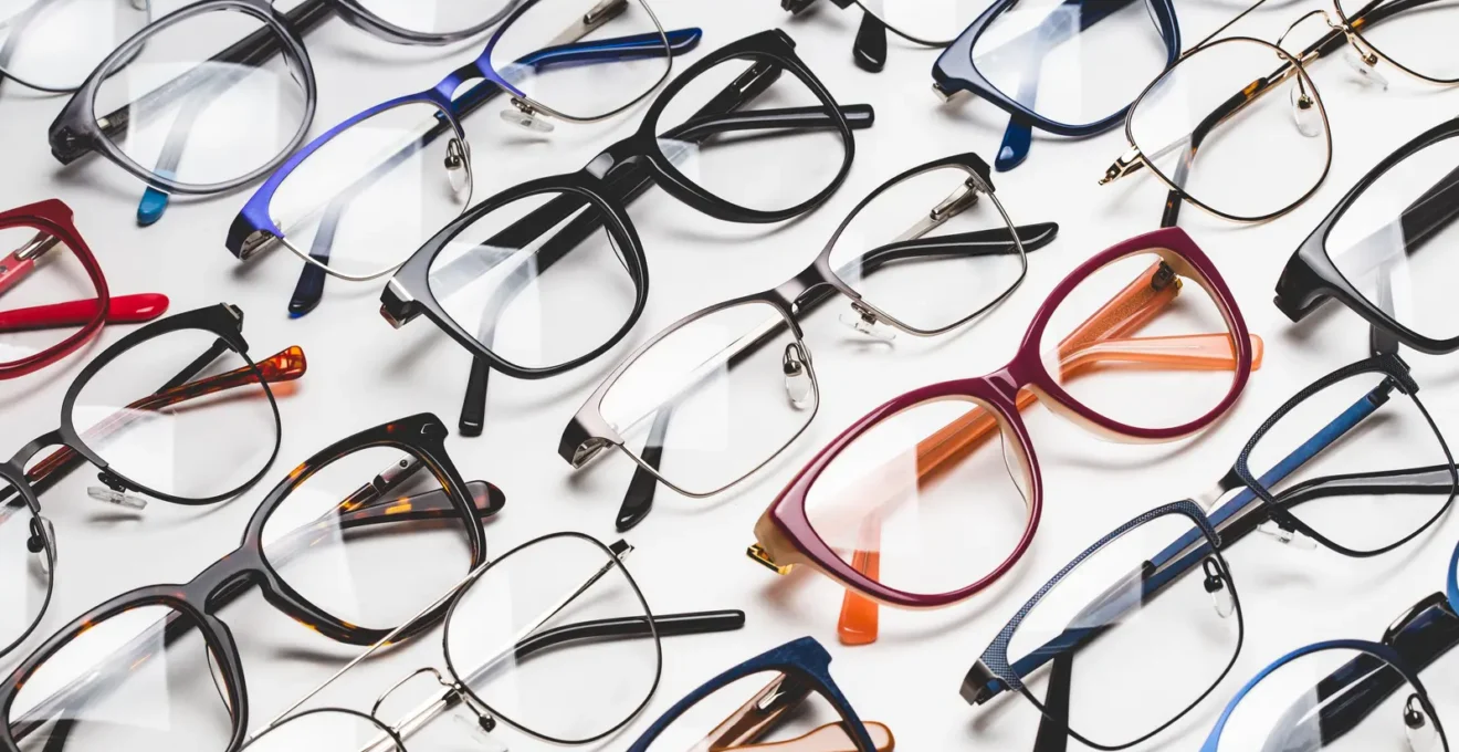 Deux montures de lunettes vintage, acétate épais et métal fin, tenues par un opticien.