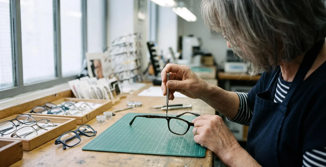 Un opticien ajuste une monture rectangle avec un tournevis de précision.