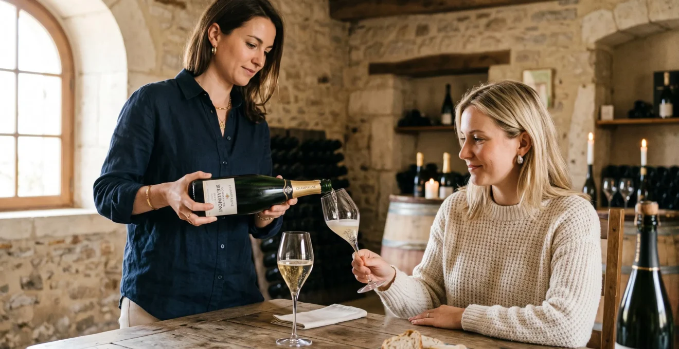 Un hôte verse du champagne dans le verre tenu incliné par une convive assise.
