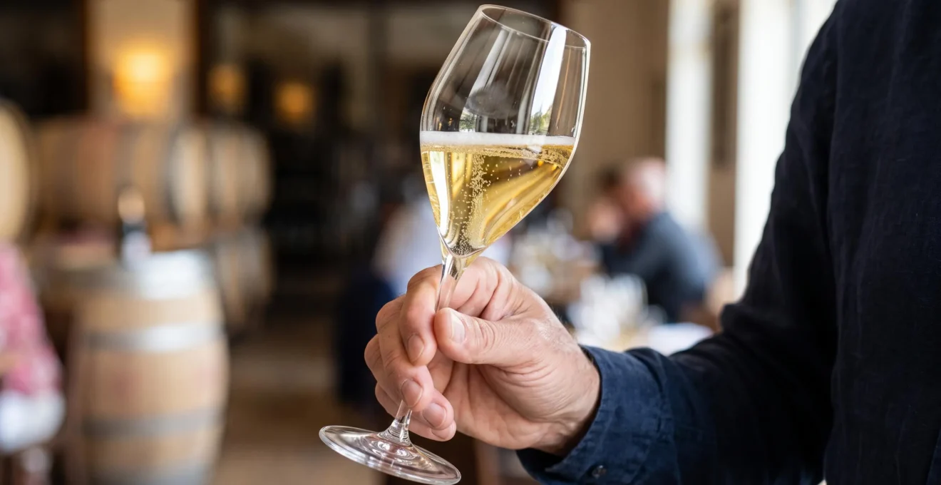 Une main tient un verre tulipe de champagne millésimé observé à la lumière.