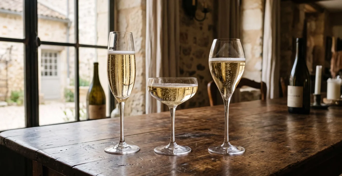 Trois formes de verres à champagne côte à côte sur une table en bois sombre.